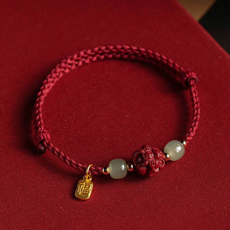 Buddha Stones Natural Cinnabar Chinese Zodiac Hetian Jade Fu Character Luck Rope Bracelet - Image 17