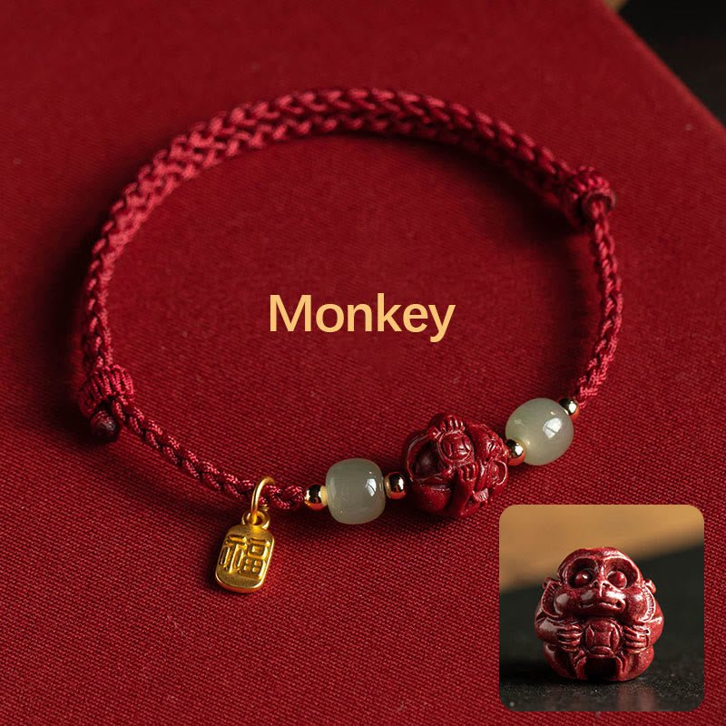 Buddha Stones Natural Cinnabar Chinese Zodiac Hetian Jade Fu Character Luck Rope Bracelet - Image 11
