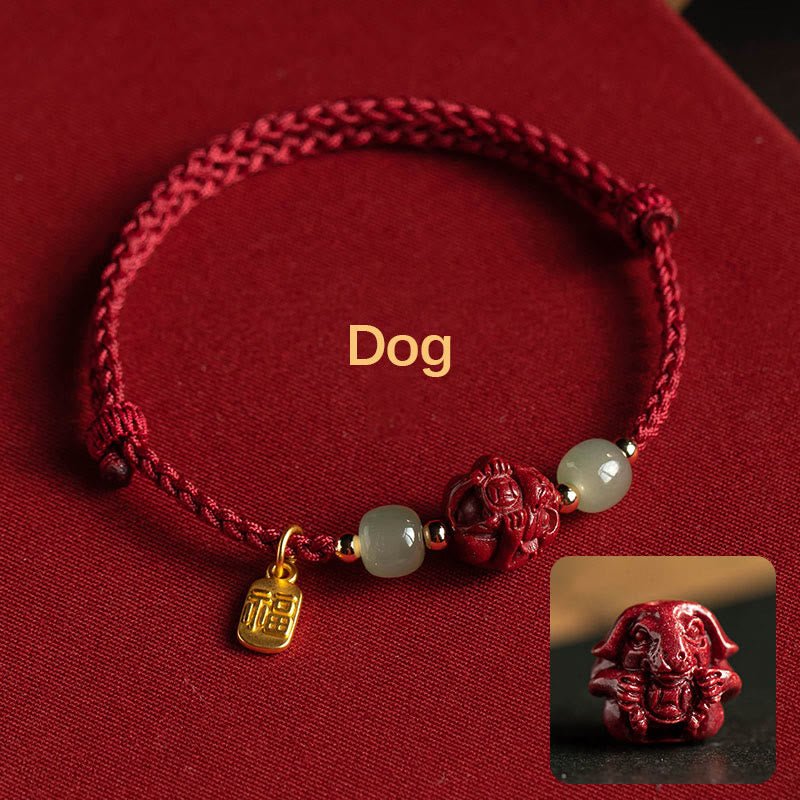 Buddha Stones Natural Cinnabar Chinese Zodiac Hetian Jade Fu Character Luck Rope Bracelet - Image 21